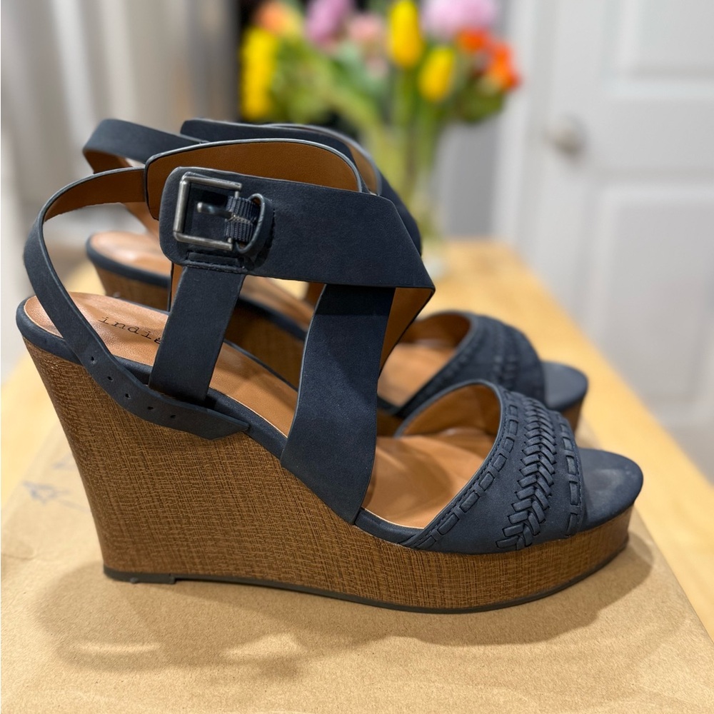 Indigo Black Woven Strap Wedges